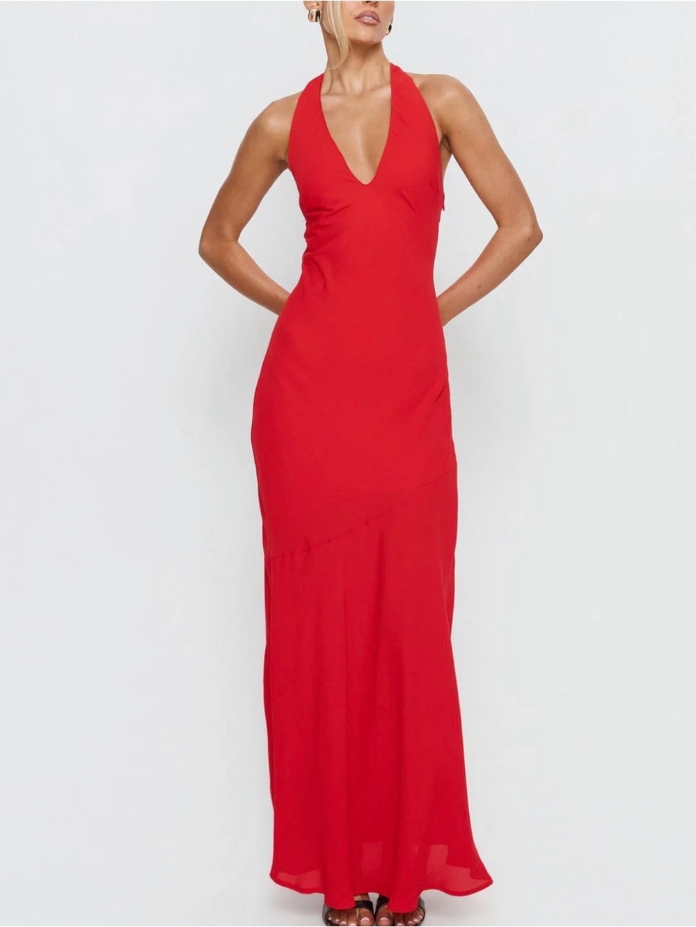 Red Halter V-Neck Maxi Dress